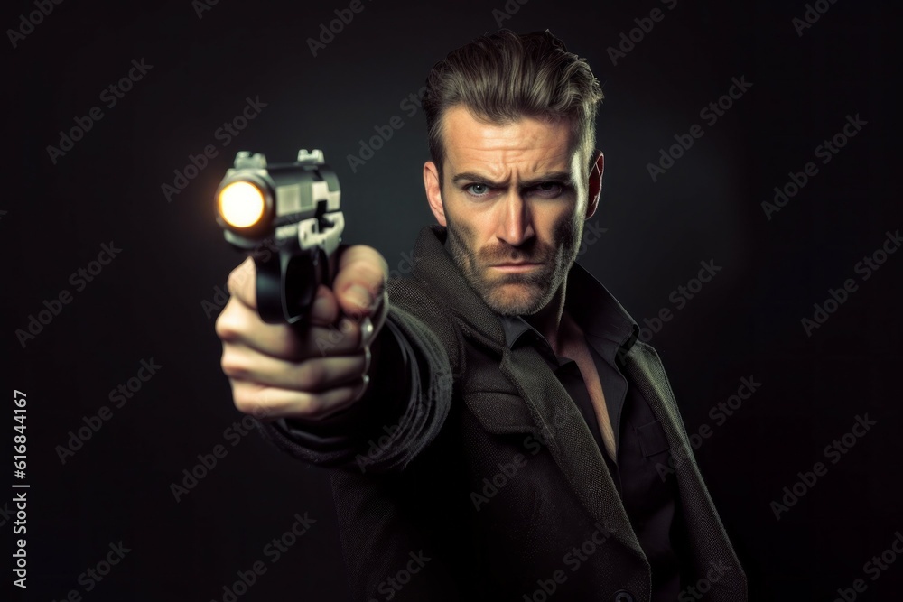 A man with a gun. Background with selective focus. AI generated, human enhanced A man with a gun. Background with selective focus. AI generated, human enhanced
