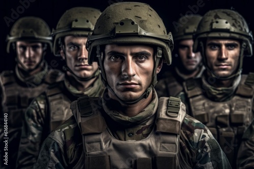 Portrait of a modern soldier in the ranks with selective focus. AI generated, human enhanced