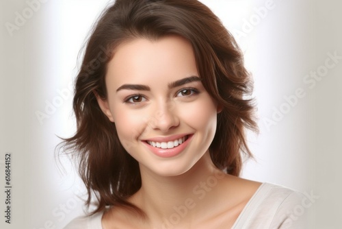 Beauty portrait of a pretty young Caucasian woman on light background with selective focus and copy space. AI generated