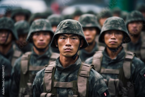 Portrait of an Asian military man in the ranks with selective focus. AI generated, human enhanced photo