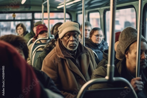 People in public transport. Background with selective focus. AI generated, human enhanced