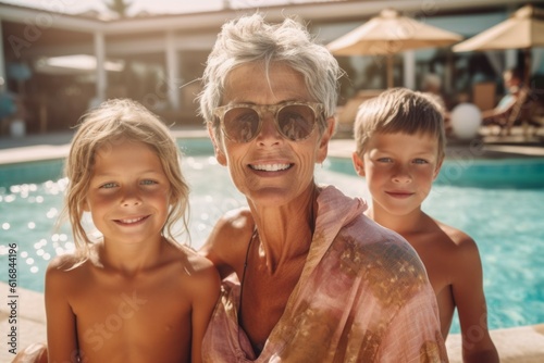 An old woman with her grandchildren on a spa vacation. Background with selective focus. AI generated, human enhanced © top images