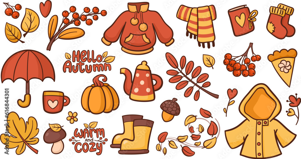 Fototapeta premium Autumn warm and cozy stickers collection. Autumn objects.