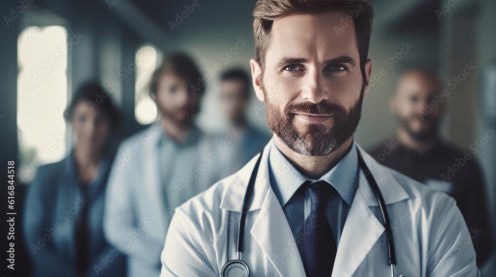 Portrait of male doctor in the hospital lobby. Created with Generative AI technology. Portrait of male doctor in the hospital lobby. Created with Generative AI technology.