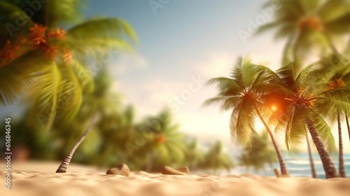 A serene tropical beach with palm trees and a bright sun in the sky