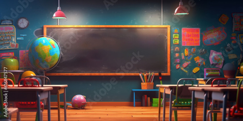 Grade school background with globe and blank chalkboard. photo