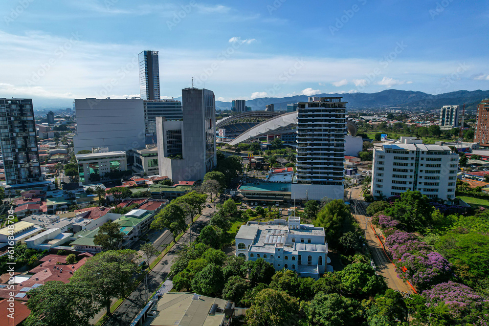 Beautiful aerial view of the Sabana Park in San Jose Costa Rica, and its Skyscrapers, next to the National Stadium