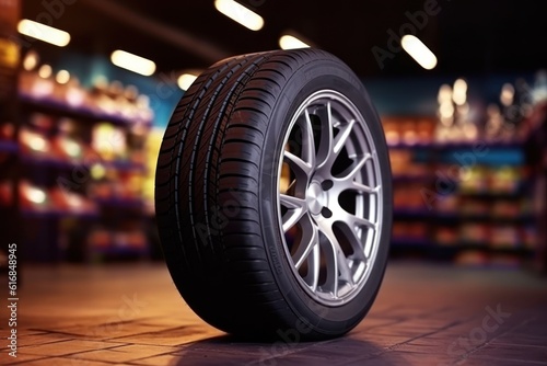 Tires in tire shops, auto spare parts, seasonal tire changes, vehicle maintenance, and service centers. Tire repair and replacement equipment © sirisakboakaew