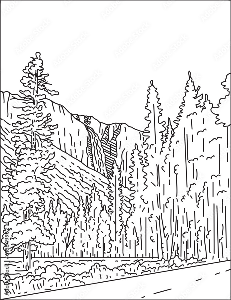 Fototapeta premium Mono line illustration of Bridalveil Fall in the Yosemite Valley within Yosemite National Park, United States of America USA done in monoline line art in black and white style.