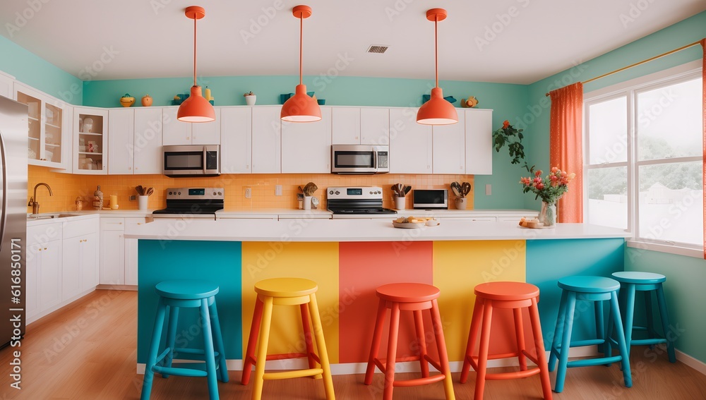 An Image Of A Picturesque Kitchen With Colorful Stools And A Large Island AI Generative An Image Of A Picturesque Kitchen With Colorful Stools And A Large Island AI Generative