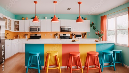 An Image Of A Picturesque Kitchen With Colorful Stools And A Large Island AI Generative © Cameron Schmidt
