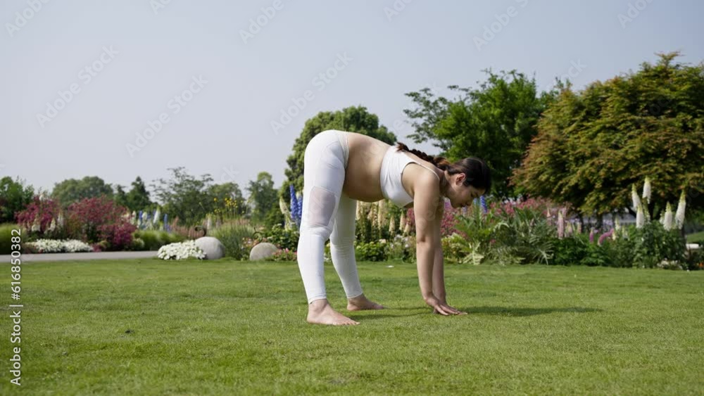 Pregnant Chinese woman practicing yoga on sunny grass for healthy lifestyle Pregnant Chinese woman practicing yoga on sunny grass for healthy lifestyle