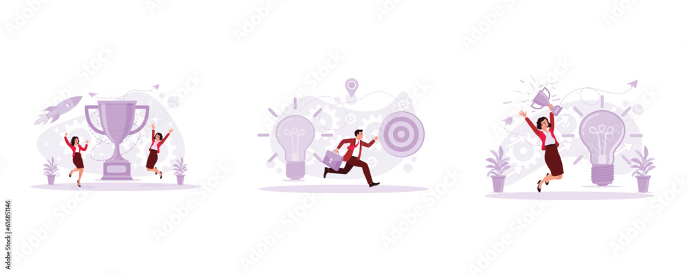 Two attractive women jumped with a big trophy. A young man in a full suit rushed with a new goal. Businesswoman is jumping and holding trophy Trend Modern vector flat illustration. Two attractive women jumped with a big trophy. A young man in a full suit rushed with a new goal. Businesswoman is jumping and holding trophy Trend Modern vector flat illustration.