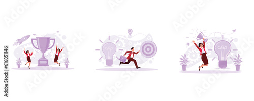 Two attractive women jumped with a big trophy. A young man in a full suit rushed with a new goal. Businesswoman is jumping and holding trophy Trend Modern vector flat illustration.