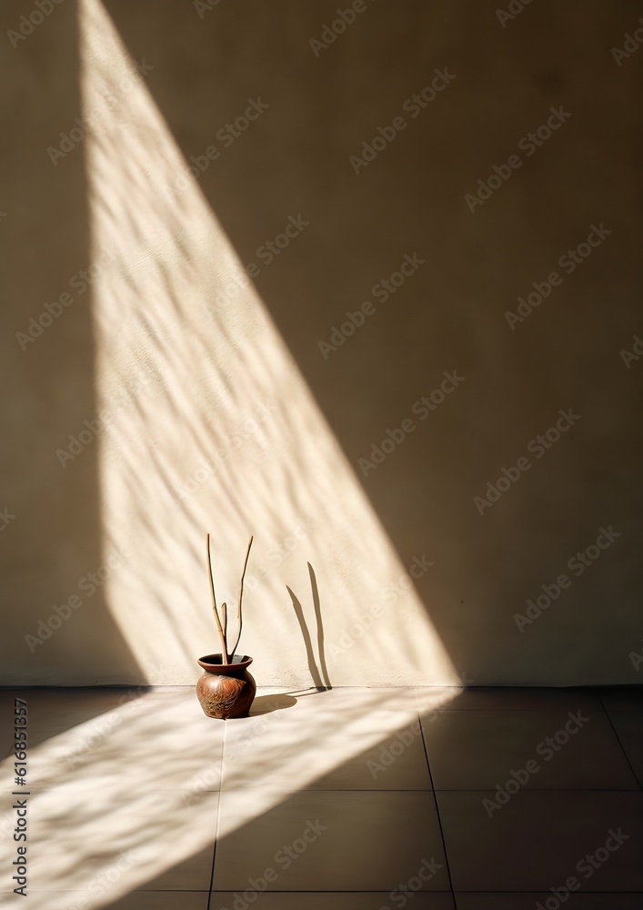 A vase of flowers in a beam of light in front of the wall. A vase of flowers in a beam of light in front of the wall.