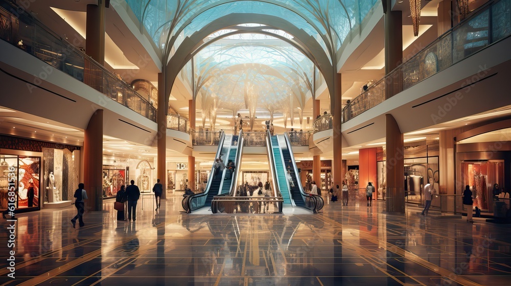 A spacious, luxurious mall interior with elegant stores, high ceilings, and visually appealing design elements. Generative AI.