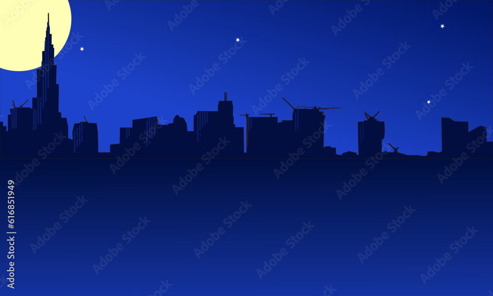 Beautiful urban building silhouette background illustration at full moon