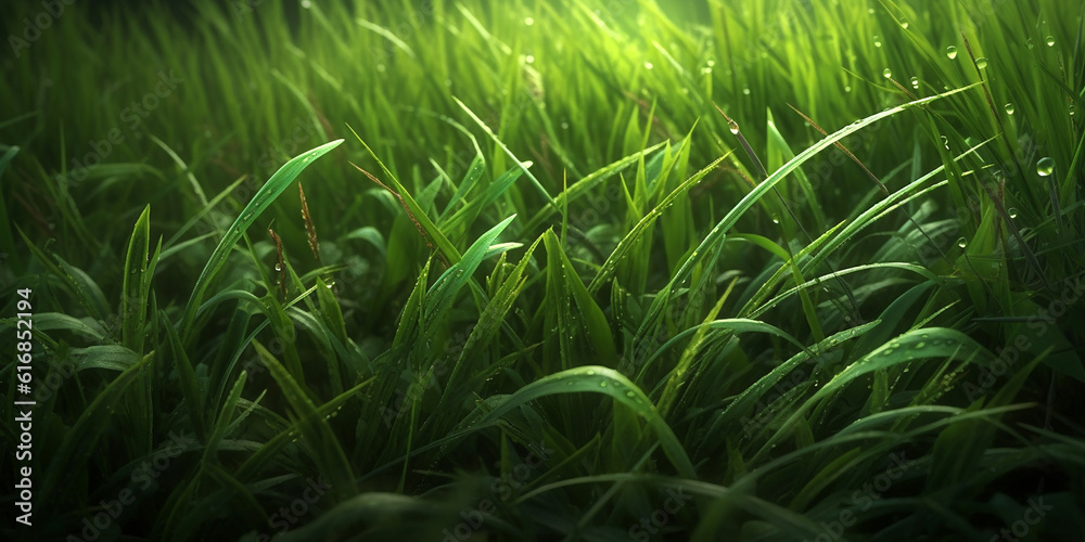 Floral background of bright green leaves or grass, in the rays of the sun and close-up. Generative AI Floral background of bright green leaves or grass, in the rays of the sun and close-up. Generative AI