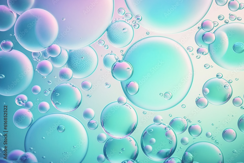 Colorful oil drops, bubbles floating in a liquid, on the surface of water. Abstract neon purple background with bubbles