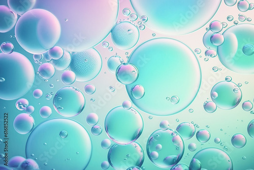Colorful oil drops, bubbles floating in a liquid, on the surface of water. Abstract neon purple background with bubbles
