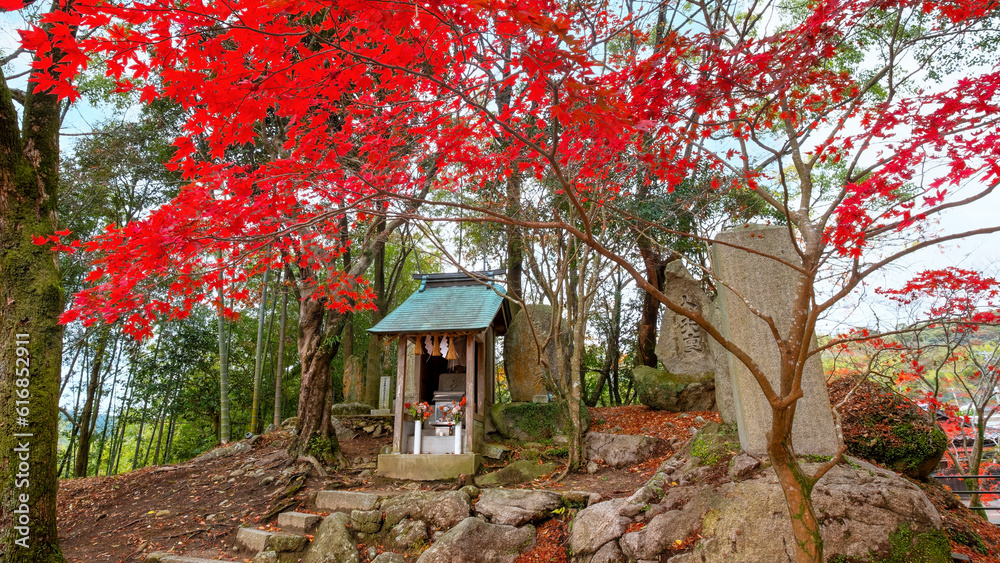 Fukuoka, Japan - Nov 30 2022: Homangu Kamado shrine located at Mt. Homan, venerated from ancient times as a sacred mountain, the shrine probably the inspiration for Kimetsu no Yaiba: Demon Slayer Fukuoka, Japan - Nov 30 2022: Homangu Kamado shrine located at Mt. Homan, venerated from ancient times as a sacred mountain, the shrine probably the inspiration for Kimetsu no Yaiba: Demon Slayer
