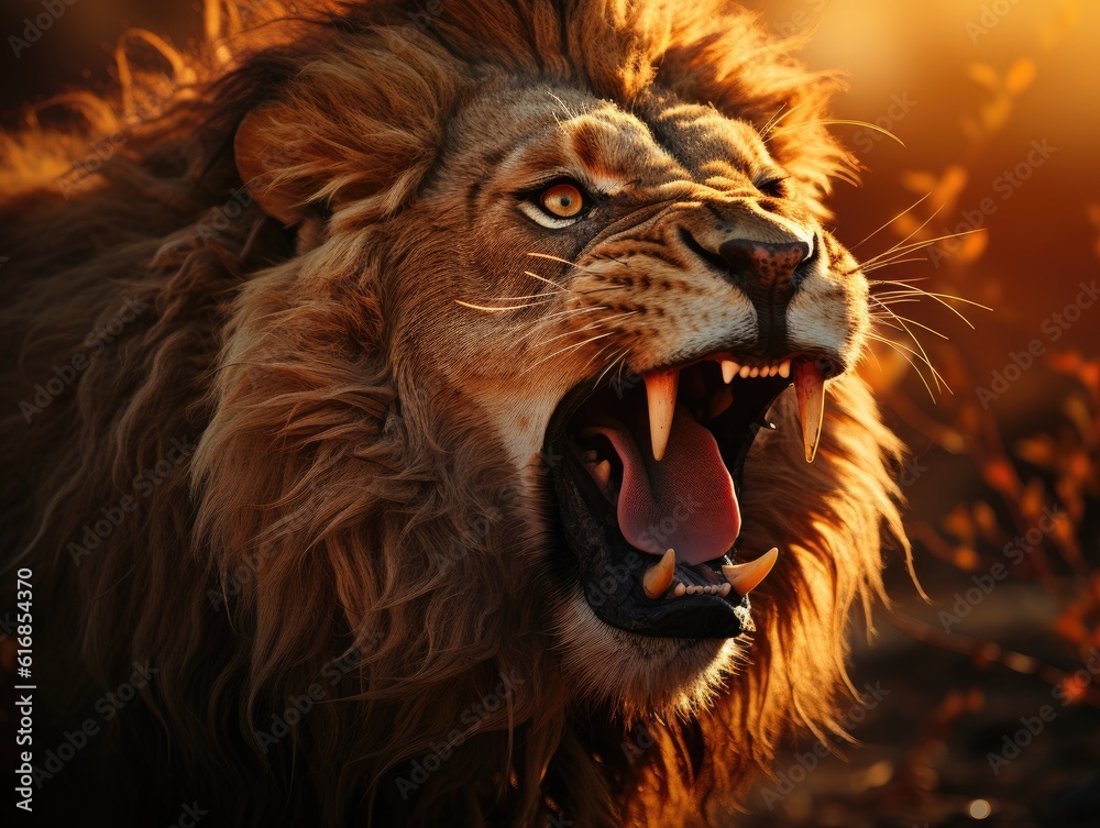 A stunning shot of a roaring lion during sunset in the African savanna.  Generative AI