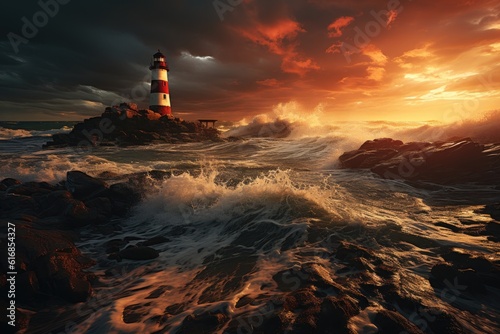 A bold lighthouse standing against a stormy sea under a brooding sky at twilight. Generative AI