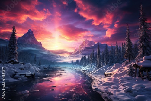 Winter Magic - Snow-covered Pine Forest Under Aurora Borealis. Generative AI © Mustafa