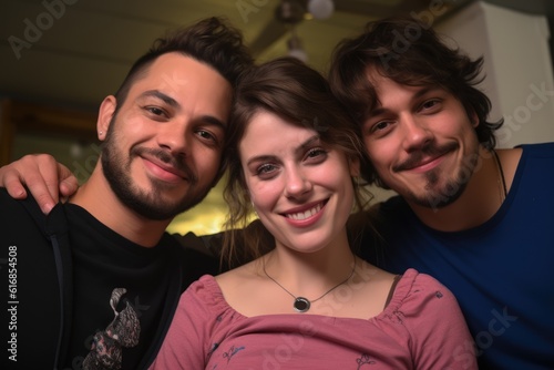 Polyamorous people, Smiling young woman living in a Polyamorous relationship with two men..  photo