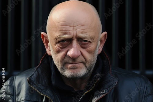 Serious bald Eastern European senior man looking at the camera