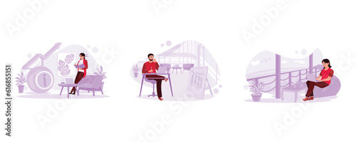 Female students concentrate on writing and taking notes. Freelancer man working with laptop in cafe. Freelance woman sitting relaxed and reporting on the laptop. Trend Modern vector flat illustration.