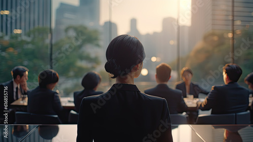 back view of women sitting apart at office table, she's working or studying, dining in meeting room, back view of business women concept with tower view . blured and bokeh background. generativeAI  photo