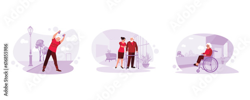 Old sportsman doing light exercise outdoors. The nurse helps a patient learn to walk with an assistive device. The older woman was sitting in a wheelchair by the window. Trend Modern vector 