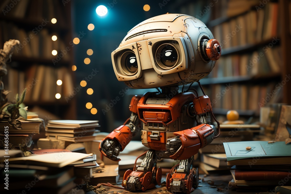 Fototapeta premium Cute robot reading a book inside an old-time library