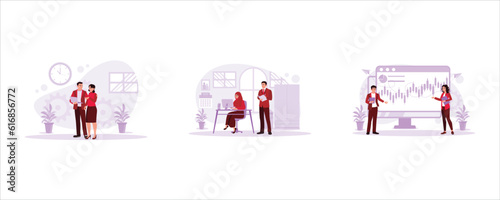 The young couple is together and chatting by laptop. Muslim businesswoman working professionally with a male assistant. Two co-workers are discussing and analyzing graphs on a big screen. 