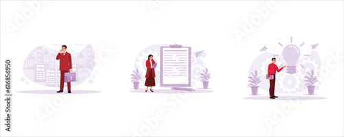 Young man standing in a tall building carrying a bag and taking a call. Focused woman in glasses writing notes. Man in a tie carrying documents and thinking of a genius idea. Concept of business, job,