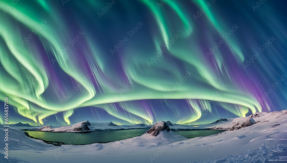 A Composition Of A Captivatingly Energetic Aurora Bore Over A Snowy Landscape AI Generative
