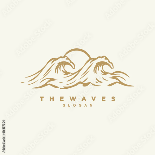Vintage golden wave surfing sunset paradise logo design