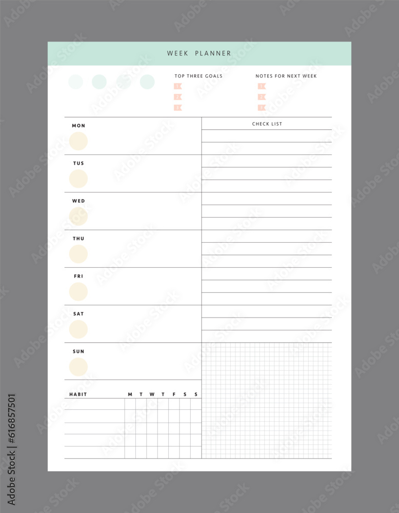 Week planner. (Pastel) Minimalist planner template set. Vector illustration. Week planner. (Pastel) Minimalist planner template set. Vector illustration.