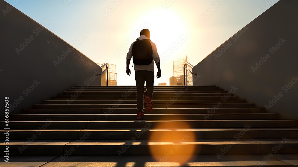 A skateboarder paused at the top of a city stairway A skateboarder paused at the top of a city stairway