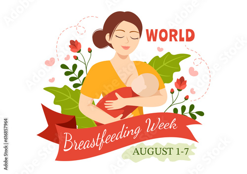 World Breastfeeding Week Vector Illustration of Feeding of Babies with Milk from a Womans Breast in Flat Cartoon Hand Drawn Templates