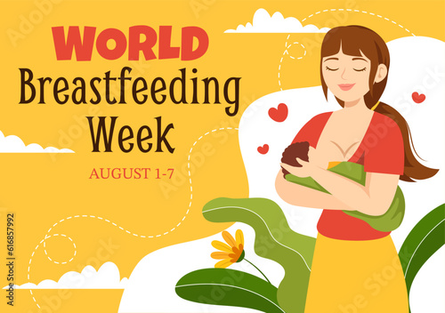 World Breastfeeding Week Vector Illustration of Feeding of Babies with Milk from a Womans Breast in Flat Cartoon Hand Drawn Templates