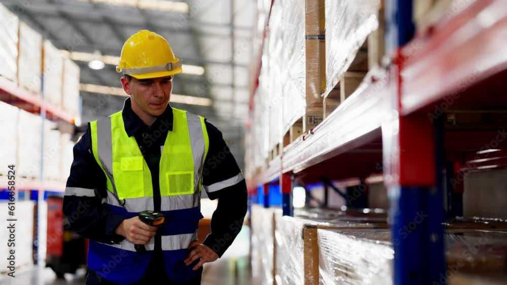 Young caucasian man warehouse workers holding digital scanning checking inventory management packaging boxes. Male staff wearing vest and safety helmet and walking count the box at storehouse Young caucasian man warehouse workers holding digital scanning checking inventory management packaging boxes. Male staff wearing vest and safety helmet and walking count the box at storehouse
