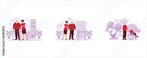 Portrait of a nurse helping a patient walk on crutches in a nursing home. The nurse allows the older man to walk. Portrait of husband pushing wife sitting in a wheelchair. Trend Modern vector flat ill