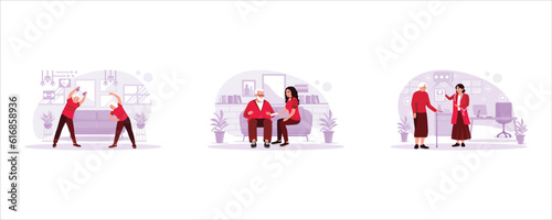 Elderly couple exercising together at home. The nurse from the community visited the older man at home. Female doctor explaining health to a senior female patient. Trend Modern vector flat illustratio