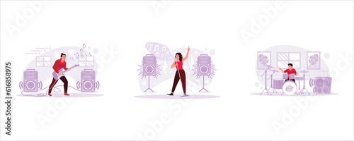 Electric guitar player practicing in a music studio. The female vocalist sings with a beautiful voice. Drummer playing professionally. Trend Modern vector flat illustration.