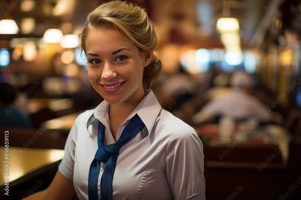 Portrait of smiling waitress standing watching the camera, generative AI image.