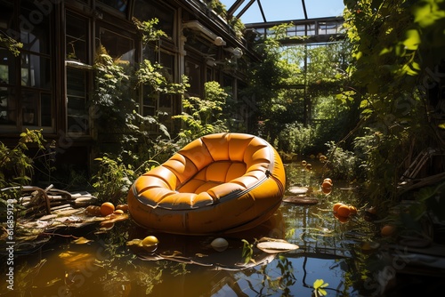 Abandoned pool float deflated in an overgrown © busra