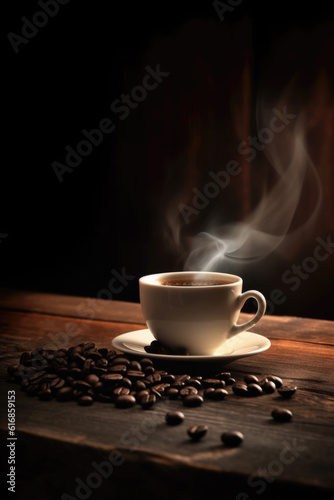 Invigorating Steam  A Cup of Coffee on a Natural Wood Tabletop With Coffee Beans Generative AI