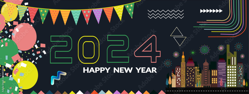 Obraz premium Happy new year 2024 text banner design with modern calligraphy and dark background. stylest Greeting card for new year 2024 with abstract colorful geometric design. New Vector illustration.